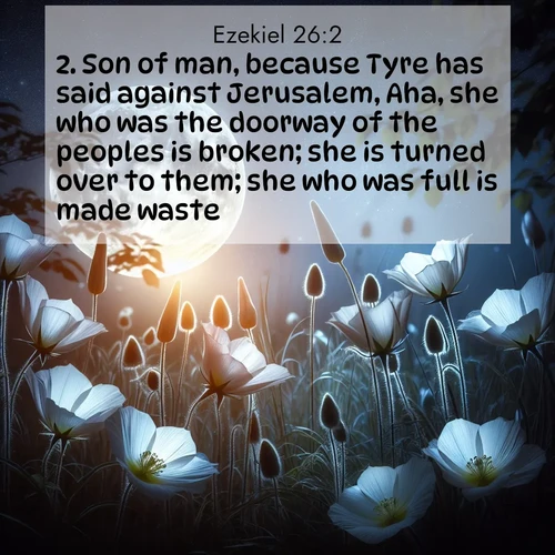 BasicEnglish Ezekiel  ; image nature: image with the bible verse :Son of man, because Tyre has said against Jerusalem, Aha, she who was the doorway of the peoples is broken; she is turned over to them; she who was full is made waste; ; Download high-resolution Bible verse images showcasing the beauty of God&#039;s creation—from radiant sunsets to tranquil rivers. Free for use as wallpapers or sharing verses like KJV Ezekiel 26:2. Current verse is overlayed with the thematic nature scene : Moonflowers open to the rising full moon. Night insects hum in harmony. ; 26:2