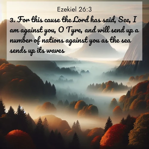 BasicEnglish Ezekiel  ; image nature: image with the bible verse :For this cause the Lord has said, See, I am against you, O Tyre, and will send up a number of nations against you as the sea sends up its waves. ; Browse our selection of stunning Bible verse images featuring unique natural scenes like fiery autumn forests, serene meadows, and starlit skies. Download and share verses like KJV Ezekiel 26:3 for free. Current verse is overlayed with the thematic nature scene : Autumn fog rolls through valleys between ancient rounded mountains. ; 26:3