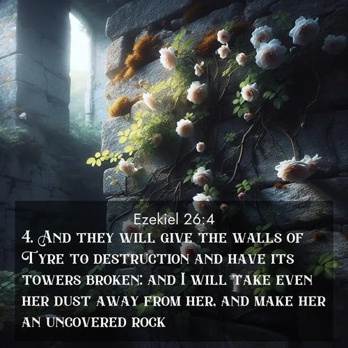BasicEnglish Ezekiel  ; image nature: image with the bible verse :And they will give the walls of Tyre to destruction and have its towers broken: and I will take even her dust away from her, and make her an uncovered rock ; Browse our collection of vibrant Bible verse images set against calming backdrops like tropical shores, quiet woods, and majestic mountains. Download free wallpapers featuring KJV Ezekiel 26:4. Current verse is overlayed with the thematic nature scene : Wild roses climb abandoned stone walls. Time stands still in the secret garden. ; 26:4