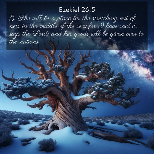 BasicEnglish Ezekiel  ; image nature: image with the bible verse :She will be a place for the stretching out of nets in the middle of the sea; for I have said it, says the Lord: and her goods will be given over to the nations. ; Discover inspiring Bible verse images featuring natural wonders like lush forests, sunny horizons, and cascading waterfalls. Perfect for wallpapers or spiritual encouragement. Download verses like KJV Ezekiel 26:5. Current verse is overlayed with the thematic nature scene : Ancient bristlecone pine twists against a navy twilight sky, its gnarled branches laden with fresh snow. The Milky Way arcs overhead in crystalline clarity. ; 26:5