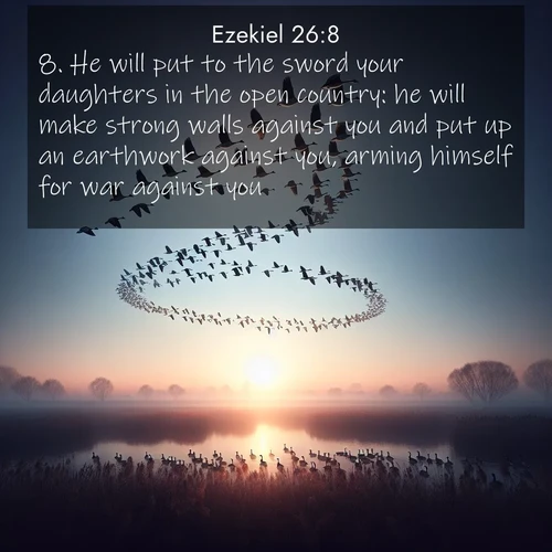 BasicEnglish Ezekiel  ; image nature: image with the bible verse :He will put to the sword your daughters in the open country: he will make strong walls against you and put up an earthwork against you, arming himself for war against you. ; Explore serene Bible verse images adorned with photos of divine creation—tranquil beaches, snowy mountains, and starry skies. Each image is free to download and share. Verses include KJV Ezekiel 26:8. Current verse is overlayed with the thematic nature scene : Wild geese arrow through dawn sky. Their calls wake sleeping marshes. ; 26:8