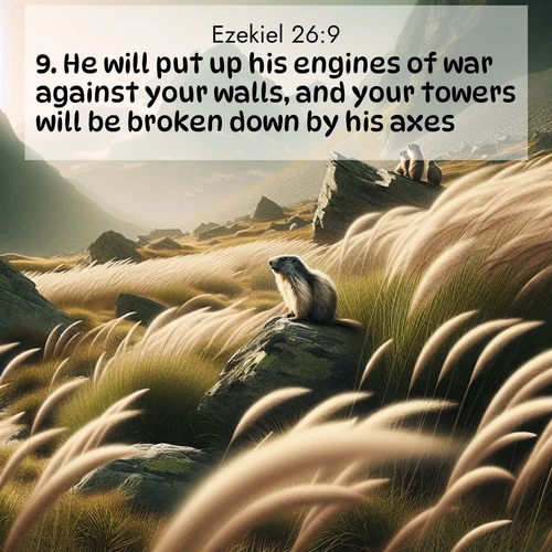 BasicEnglish Ezekiel  ; image nature: image with the bible verse :He will put up his engines of war against your walls, and your towers will be broken down by his axes. ; Admire Bible verse images illustrated by summer photos, such as sunny beaches, sparkling waves, and swaying palm trees. These bright scenes highlight the joy and warmth of God&#039;s creation. Download and share verses like KJV Ezekiel 26:9. Current verse is overlayed with the thematic nature scene : Mountain meadow grasses bend in alpine wind. Marmots whistle warnings from rocky outcrops. ; 26:9