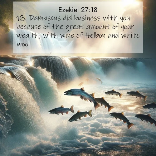 BasicEnglish Ezekiel  ; image nature: image with the bible verse :Damascus did business with you because of the great amount of your wealth, with wine of Helbon and white wool. ; Dive into a gallery of Bible verses illustrated by tropical beach scenes, featuring sparkling waves, seashells, and radiant sunrises. These images evoke divine peace and joy. Download and share inspiring verses like KJV Ezekiel 27:18. Current verse is overlayed with the thematic nature scene : Wild salmon leap ancient waterfalls. Mist rises like spirits in morning light. ; 27:18
