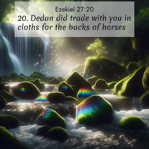 BasicEnglish Ezekiel  ; image nature: image with the bible verse :Dedan did trade with you in cloths for the backs of horses. ; Admire our gallery of Bible verse images showcasing divine beauty in nature—whether snowy peaks or serene oceans. Each image is freely downloadable and perfect for personal or spiritual use. Share verses like KJV Ezekiel 27:20. Current verse is overlayed with the thematic nature scene : Rainbow prisms dance in a waterfall&#039;s spray. Moss glows emerald in filtered light. ; 27:20