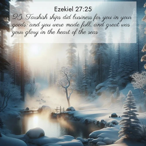 BasicEnglish Ezekiel  ; image nature: image with the bible verse :Tarshish ships did business for you in your goods: and you were made full, and great was your glory in the heart of the seas. ; Discover Bible images illustrated by desert landscapes, like sand dunes, majestic rocks, and starry skies. These images symbolize the grandeur and immensity of God&#039;s creation. Download verses like KJV Ezekiel 27:25. Current verse is overlayed with the thematic nature scene : Morning mist rises from a hot spring in a snow-covered forest. ; 27:25