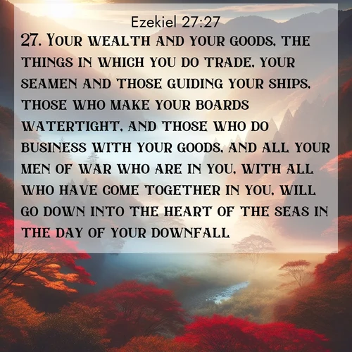 BasicEnglish Ezekiel  ; image nature: image with the bible verse :Your wealth and your goods, the things in which you do trade, your seamen and those guiding your ships, those who make your boards watertight, and those who do business with your goods, and all your men of war who are in you, with all who have come together in you, will go down into the heart of the seas in the day of your downfall. ; Download high-resolution Bible verse images showcasing the beauty of God&#039;s creation—from radiant sunsets to tranquil rivers. Free for use as wallpapers or sharing verses like KJV Ezekiel 27:27. Current verse is overlayed with the thematic nature scene : Autumn mist rises from a valley dotted with red and gold maples. ; 27:27