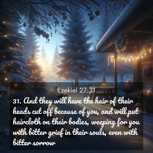 BasicEnglish Ezekiel  ; image nature: image with the bible verse :And they will have the hair of their heads cut off because of you, and will put haircloth on their bodies, weeping for you with bitter grief in their souls, even with bitter sorrow. ; Download Bible verse images paired with breathtaking nature photos like golden deserts, shimmering seas, and blossoming orchards. These high-quality, free images are perfect for wallpapers or sharing. Verses include KJV Ezekiel 27:31. Current verse is overlayed with the thematic nature scene : Winter silence falls with evening snow. ; 27:31
