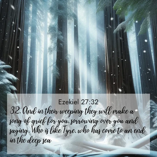 BasicEnglish Ezekiel  ; image nature: image with the bible verse :And in their weeping they will make a song of grief for you, sorrowing over you and saying, Who is like Tyre, who has come to an end in the deep sea? ; Explore serene Bible verse images adorned with photos of divine creation—tranquil beaches, snowy mountains, and starry skies. Each image is free to download and share. Verses include KJV Ezekiel 27:32. Current verse is overlayed with the thematic nature scene : Snow falls silently on ancient redwoods. Shafts of light pierce through to illuminate the forest floor. ; 27:32