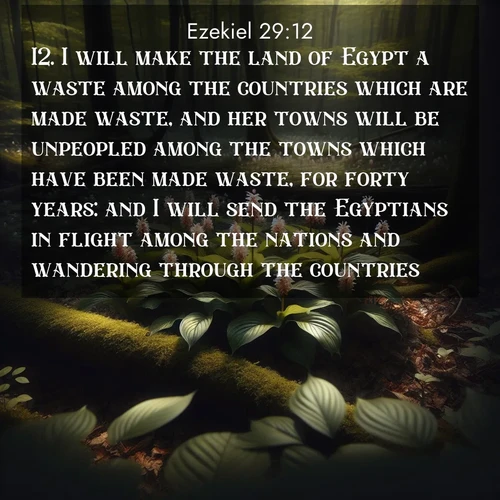BasicEnglish Ezekiel  ; image nature: image with the bible verse :I will make the land of Egypt a waste among the countries which are made waste, and her towns will be unpeopled among the towns which have been made waste, for forty years: and I will send the Egyptians in flight among the nations and wandering through the countries. ; Discover beautiful Bible verse images enriched with natural landscapes, from serene beaches to cascading waterfalls. All images are free and ready to download. Share verses such as KJV Ezekiel 29:12. Current verse is overlayed with the thematic nature scene : Wild ginger blooms hidden in forest shadows. Filtered sunlight reveals their secret beauty. ; 29:12
