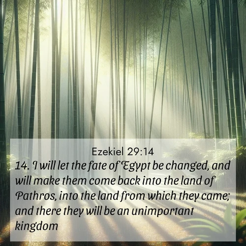 BasicEnglish Ezekiel  ; image nature: image with the bible verse :I will let the fate of Egypt be changed, and will make them come back into the land of Pathros, into the land from which they came; and there they will be an unimportant kingdom. ; Download stunning Bible verse images paired with nature scenes like rolling clouds, sparkling waters, and vibrant flower fields. These free images are perfect for spiritual reflection or wallpaper use. Share KJV Ezekiel 29:14. Current verse is overlayed with the thematic nature scene : Bamboo forests cast striped shadows while a gentle rain patters on broad leaves. ; 29:14
