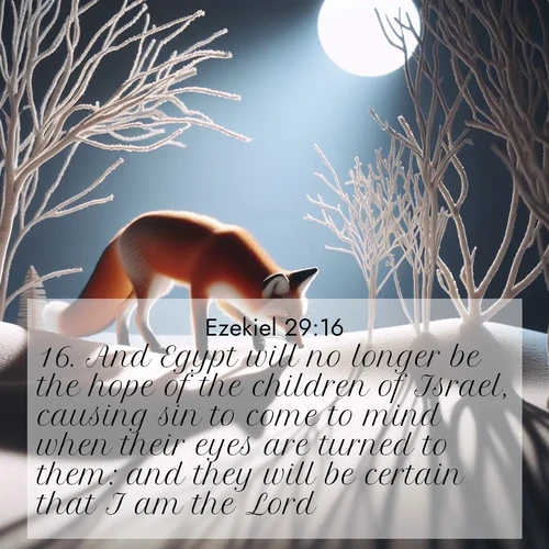 BasicEnglish Ezekiel  ; image nature: image with the bible verse :And Egypt will no longer be the hope of the children of Israel, causing sin to come to mind when their eyes are turned to them: and they will be certain that I am the Lord. ; Access a vast collection of Bible verse images illustrated with natural landscapes like calm rivers, blooming fields, and bright horizons. These images emphasize the serenity and splendor of God&#039;s creation, accompanied by aesthetic fonts and joyful colors. Download verses like KJV Ezekiel 29:16 and share them. Current verse is overlayed with the thematic nature scene : A red fox hunts through pristine snow. Moon shadows dance between bare trees. ; 29:16