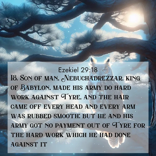 BasicEnglish Ezekiel  ; image nature: image with the bible verse :Son of man, Nebuchadrezzar, king of Babylon, made his army do hard work against Tyre, and the hair came off every head and every arm was rubbed smooth: but he and his army got no payment out of Tyre for the hard work which he had done against it. ; Browse an inspiring gallery of Bible verse images with nature photos, such as blooming gardens, golden deserts, and shaded forests. The chosen images capture the peaceful and joyful essence of God&#039;s creation, with vibrant colors and harmonious fonts. Share verses like KJV Ezekiel 29:18. Current verse is overlayed with the thematic nature scene : A great horned owl watches from ancient pine branches. Moonlight silvers its silent wings. ; 29:18