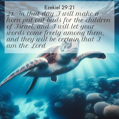 BasicEnglish Ezekiel  ; image nature: image with the bible verse :In that day I will make a horn put out buds for the children of Israel, and I will let your words come freely among them, and they will be certain that I am the Lord. ; Discover Bible images capturing the essence of autumn, with wooded paths, golden fields, and swirling leaves. These scenes reflect the changing beauty of God&#039;s creation. Download verses like KJV Ezekiel 29:21. Current verse is overlayed with the thematic nature scene : A sea turtle glides through underwater sunbeams. Coral gardens glow in the depths below. ; 29:21