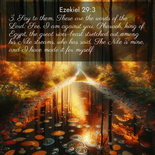 BasicEnglish Ezekiel  ; image nature: image with the bible verse :Say to them, These are the words of the Lord: See, I am against you, Pharaoh, king of Egypt, the great river-beast stretched out among his Nile streams, who has said, The Nile is mine, and I have made it for myself. ; Explore beautiful Bible verse images paired with serene natural settings, such as calm seas, snowy paths, and verdant hills. Each image is free to download for your spiritual inspiration. Share KJV Ezekiel 29:3. Current verse is overlayed with the thematic nature scene : Autumn colors reflect in rain puddles on a forest path. ; 29:3