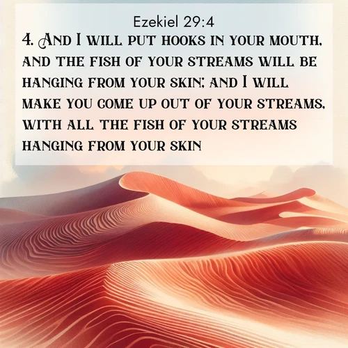 BasicEnglish Ezekiel  ; image nature: image with the bible verse :And I will put hooks in your mouth, and the fish of your streams will be hanging from your skin; and I will make you come up out of your streams, with all the fish of your streams hanging from your skin. ; Explore a winter collection of Bible verse images adorned with photos of icy landscapes, frozen waterfalls, and snow-covered forests. These scenes capture divine tranquility and purity. Download inspiring verses like KJV Ezekiel 29:4. Current verse is overlayed with the thematic nature scene : Desert wind sculpts perfect ripples in red sand. Twilight paints the dunes in watercolor hues. ; 29:4