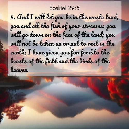 BasicEnglish Ezekiel  ; image nature: image with the bible verse :And I will let you be in the waste land, you and all the fish of your streams: you will go down on the face of the land; you will not be taken up or put to rest in the earth; I have given you for food to the beasts of the field and the birds of the heaven. ; Discover our curated gallery of Bible verse images with breathtaking scenery, from tranquil deserts to lush green pastures. Perfect for phone wallpapers or sharing online. Download verses like KJV Ezekiel 29:5. Current verse is overlayed with the thematic nature scene : Autumn colors reflect in a still mountain lake at sunrise. ; 29:5