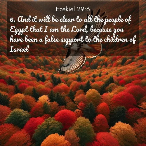 BasicEnglish Ezekiel  ; image nature: image with the bible verse :And it will be clear to all the people of Egypt that I am the Lord, because you have been a false support to the children of Israel. ; Browse a gallery of Bible verses paired with summer scenes, such as golden wheat fields, bright skies, and sunny beaches. These images convey the joy and warmth of God&#039;s creation. Download and share verses like KJV Ezekiel 29:6. Current verse is overlayed with the thematic nature scene : A red-tailed hawk circles above autumn woods. Leaves below form a mosaic of fire. ; 29:6
