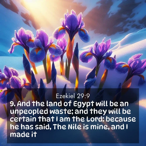 BasicEnglish Ezekiel  ; image nature: image with the bible verse :And the land of Egypt will be an unpeopled waste; and they will be certain that I am the Lord: because he has said, The Nile is mine, and I made it. ; Explore our gallery of inspiring Bible verse images showcasing divine beauty through nature. Download scenic images like snowy peaks, lush meadows, or radiant sunsets paired with verses like KJV Ezekiel 29:9. Current verse is overlayed with the thematic nature scene : Wild iris blooms pierce through melting snow. Alpine sunlight ignites their petals. ; 29:9