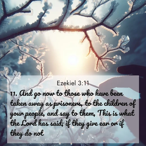 BasicEnglish Ezekiel  ; image nature: image with the bible verse :And go now to those who have been taken away as prisoners, to the children of your people, and say to them, This is what the Lord has said; if they give ear or if they do not. ; Discover Bible images capturing the splendor of deserts, with golden dunes, vast skies, and peaceful oases. These landscapes highlight the grandeur and serenity of God&#039;s creation. Share verses like KJV Ezekiel 3:11. Current verse is overlayed with the thematic nature scene : Winter sunrise glows through ice-coated branches. ; 3:11