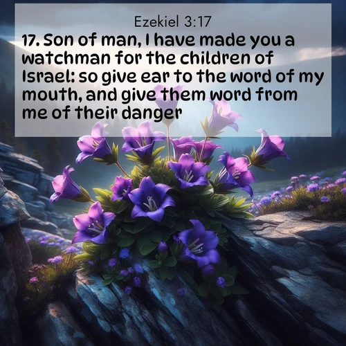 BasicEnglish Ezekiel  ; image nature: image with the bible verse :Son of man, I have made you a watchman for the children of Israel: so give ear to the word of my mouth, and give them word from me of their danger. ; Discover Bible verses beautifully integrated with natural scenes of varied seasons, featuring summer skies, winter snow, autumn leaves, and spring blooms. Each image captures the splendor and peace of God&#039;s creation. Share verses like KJV Ezekiel 3:17. Current verse is overlayed with the thematic nature scene : Wild gentians bloom in rocky cracks. Summer storms gather above treeline. ; 3:17