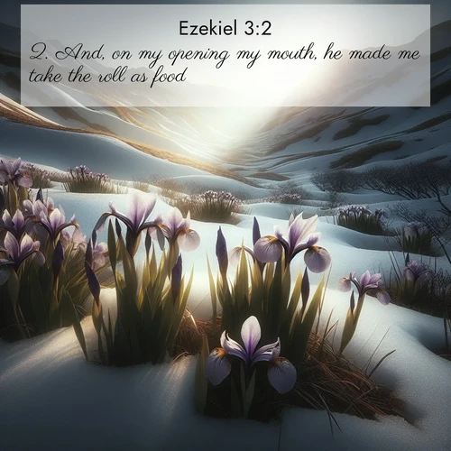 BasicEnglish Ezekiel  ; image nature: image with the bible verse :And, on my opening my mouth, he made me take the roll as food. ; Browse our selection of stunning Bible verse images featuring unique natural scenes like fiery autumn forests, serene meadows, and starlit skies. Download and share verses like KJV Ezekiel 3:2 for free. Current verse is overlayed with the thematic nature scene : Wild irises pierce winter&#039;s last snow. Alpine light sets their petals ablaze. ; 3:2