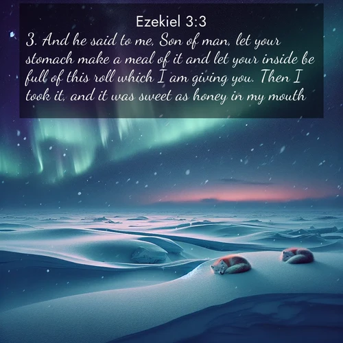 BasicEnglish Ezekiel  ; image nature: image with the bible verse :And he said to me, Son of man, let your stomach make a meal of it and let your inside be full of this roll which I am giving you. Then I took it, and it was sweet as honey in my mouth. ; Dive into a gallery of Bible verses illustrated by tropical beach scenes, featuring sparkling waves, seashells, and radiant sunrises. These images evoke divine peace and joy. Download and share inspiring verses like KJV Ezekiel 3:3. Current verse is overlayed with the thematic nature scene : Northern lights dance across the frozen tundra in ribbons of green and purple. Snow falls silently on sleeping arctic foxes. ; 3:3