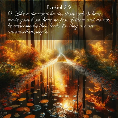 BasicEnglish Ezekiel  ; image nature: image with the bible verse :Like a diamond harder than rock I have made your brow: have no fear of them and do not be overcome by their looks, for they are an uncontrolled people. ; Browse high-resolution Bible verse images featuring stunning nature photography, such as radiant sunsets, tranquil rivers, and blooming fields. Perfect for wallpapers or sharing on social media. Download KJV Ezekiel 3:9. Current verse is overlayed with the thematic nature scene : Autumn colors reflect in rain puddles on a forest path. ; 3:9