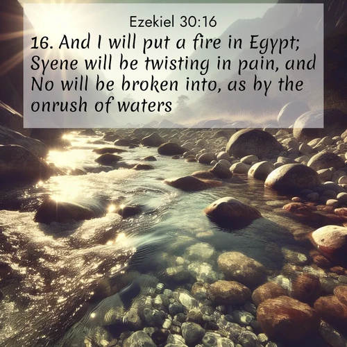 BasicEnglish Ezekiel  ; image nature: image with the bible verse :And I will put a fire in Egypt; Syene will be twisting in pain, and No will be broken into, as by the onrush of waters. ; Access a vast collection of Bible verse images illustrated with natural landscapes like calm rivers, blooming fields, and bright horizons. These images emphasize the serenity and splendor of God&#039;s creation, accompanied by aesthetic fonts and joyful colors. Download verses like KJV Ezekiel 30:16 and share them. Current verse is overlayed with the thematic nature scene : Mountain streams sing ancient songs. Sunlight dances through clear pools. ; 30:16