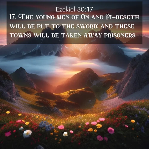 BasicEnglish Ezekiel  ; image nature: image with the bible verse :The young men of On and Pi-beseth will be put to the sword: and these towns will be taken away prisoners. ; Explore our gallery of inspiring Bible verse images showcasing divine beauty through nature. Download scenic images like snowy peaks, lush meadows, or radiant sunsets paired with verses like KJV Ezekiel 30:17. Current verse is overlayed with the thematic nature scene : Jagged peaks pierce through low-hanging clouds at sunrise. Alpine flowers dot the meadow below with splashes of color. ; 30:17