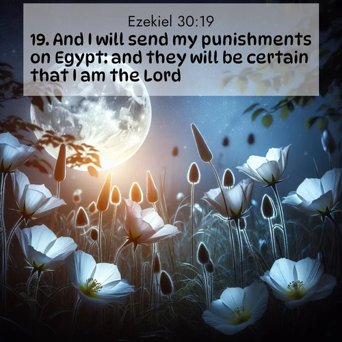 BasicEnglish Ezekiel  ; image nature: image with the bible verse :And I will send my punishments on Egypt: and they will be certain that I am the Lord. ; Admire our free collection of Bible verse images with beautiful landscapes like sunlit forests, rippling waters, and radiant dawns. Each verse, such as KJV Ezekiel 30:19, is ready to download and share. Current verse is overlayed with the thematic nature scene : Moonflowers open to the rising full moon. Night insects hum in harmony. ; 30:19