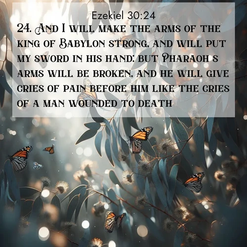 BasicEnglish Ezekiel  ; image nature: image with the bible verse :And I will make the arms of the king of Babylon strong, and will put my sword in his hand: but Pharaoh&#039;s arms will be broken, and he will give cries of pain before him like the cries of a man wounded to death. ; Browse our library of beautiful Bible verse images, perfect for wallpapers or sharing. Each verse is paired with serene natural landscapes like misty mountains, calming beaches, and colorful sunsets. Download and enjoy verses such as KJV Ezekiel 30:24. Current verse is overlayed with the thematic nature scene : Monarch butterflies cluster on eucalyptus branches in winter sun. ; 30:24