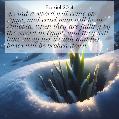 BasicEnglish Ezekiel  ; image nature: image with the bible verse :And a sword will come on Egypt, and cruel pain will be in Ethiopia, when they are falling by the sword in Egypt; and they will take away her wealth and her bases will be broken down. ; Admire our free collection of Bible verse images with beautiful landscapes like sunlit forests, rippling waters, and radiant dawns. Each verse, such as KJV Ezekiel 30:4, is ready to download and share. Current verse is overlayed with the thematic nature scene : Wild iris breaks through spring snow. Alpine light ignites petals. ; 30:4