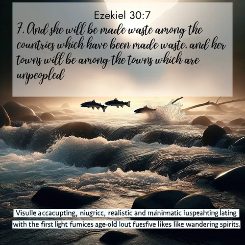 BasicEnglish Ezekiel  ; image nature: image with the bible verse :And she will be made waste among the countries which have been made waste, and her towns will be among the towns which are unpeopled. ; Discover Bible images illustrated by desert landscapes, like sand dunes, majestic rocks, and starry skies. These images symbolize the grandeur and immensity of God&#039;s creation. Download verses like KJV Ezekiel 30:7. Current verse is overlayed with the thematic nature scene : Wild salmon leap ancient rapids. Mist rises like spirits at dawn. ; 30:7