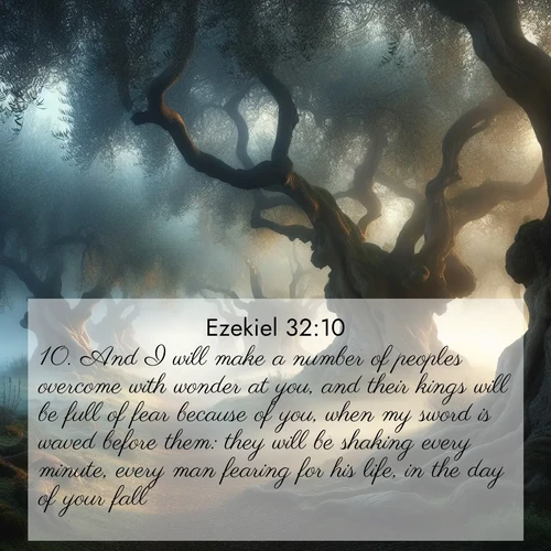 BasicEnglish Ezekiel  ; image nature: image with the bible verse :And I will make a number of peoples overcome with wonder at you, and their kings will be full of fear because of you, when my sword is waved before them: they will be shaking every minute, every man fearing for his life, in the day of your fall. ; Download Bible verse images paired with breathtaking nature photos like golden deserts, shimmering seas, and blossoming orchards. These high-quality, free images are perfect for wallpapers or sharing. Verses include KJV Ezekiel 32:10. Current verse is overlayed with the thematic nature scene : Mist rolls through an ancient olive grove at dawn. Each gnarled trunk tells stories of centuries past. ; 32:10