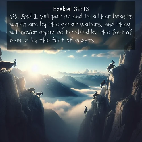 BasicEnglish Ezekiel  ; image nature: image with the bible verse :And I will put an end to all her beasts which are by the great waters, and they will never again be troubled by the foot of man or by the feet of beasts. ; Explore our vast collection of images featuring beautifully illustrated Bible verses accompanied by nature photos. Discover inspiring and motivating verses paired with soothing landscapes, like shimmering lakes, majestic mountains, and lush forests. Our images highlight the peaceful beauty of God&#039;s creation with vibrant colors and varied fonts. Download and share verse images like KJV Ezekiel 32:13. Current verse is overlayed with the thematic nature scene : Mountain goats traverse sheer faces. Clouds part to reveal their path. ; 32:13