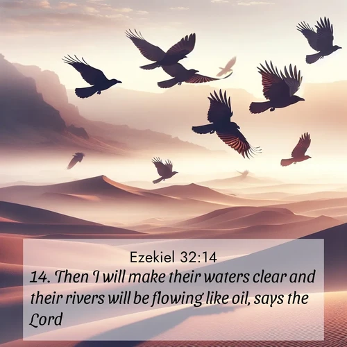 BasicEnglish Ezekiel  ; image nature: image with the bible verse :Then I will make their waters clear and their rivers will be flowing like oil, says the Lord. ; Admire Bible images evoking autumn, with warm colors of fallen leaves, harvested fields, and tranquil woods. These inspiring landscapes reflect the transition and beauty of God&#039;s creation. Download verses like KJV Ezekiel 32:14. Current verse is overlayed with the thematic nature scene : Desert ravens soar on thermal currents. Their wings wear shadows like cloaks. ; 32:14