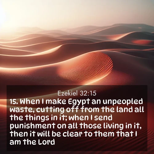 BasicEnglish Ezekiel  ; image nature: image with the bible verse :When I make Egypt an unpeopled waste, cutting off from the land all the things in it; when I send punishment on all those living in it, then it will be clear to them that I am the Lord. ; Discover inspiring Bible verse images featuring natural wonders like lush forests, sunny horizons, and cascading waterfalls. Perfect for wallpapers or spiritual encouragement. Download verses like KJV Ezekiel 32:15. Current verse is overlayed with the thematic nature scene : Desert wind sculpts abstract patterns in red sand. ; 32:15