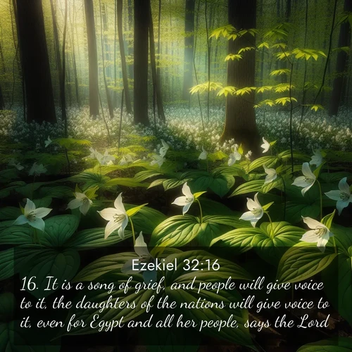 BasicEnglish Ezekiel  ; image nature: image with the bible verse :It is a song of grief, and people will give voice to it, the daughters of the nations will give voice to it, even for Egypt and all her people, says the Lord. ; Admire Bible verse images capturing the beauty of beaches, with turquoise waters, palm trees, and peaceful shores. These soothing scenes reflect God&#039;s serenity and majesty. Download and share verses like KJV Ezekiel 32:16. Current verse is overlayed with the thematic nature scene : Wild trillium carpets the forest floor. Sunlight filters green through new spring leaves. ; 32:16