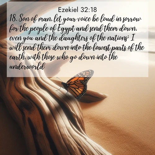 BasicEnglish Ezekiel  ; image nature: image with the bible verse :Son of man, let your voice be loud in sorrow for the people of Egypt and send them down, even you and the daughters of the nations; I will send them down into the lowest parts of the earth, with those who go down into the underworld. ; Explore Bible verses combined with serene beach photos, desert dunes, and infinite skies, highlighting God&#039;s majesty in every landscape. Download and share inspiring verses like KJV Ezekiel 32:18. Current verse is overlayed with the thematic nature scene : A single monarch butterfly alights on a sun-bleached driftwood log. Waves crash endlessly on the empty beach beyond. ; 32:18