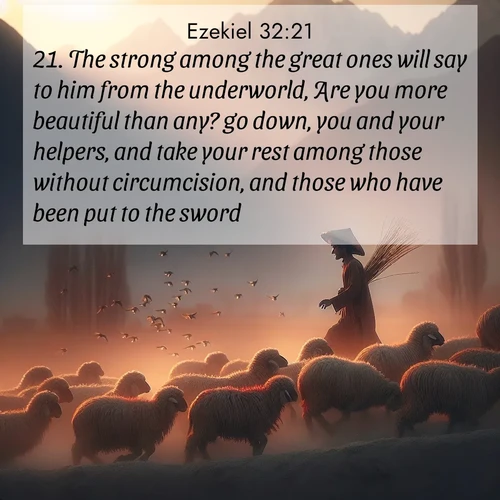 BasicEnglish Ezekiel  ; image nature: image with the bible verse :The strong among the great ones will say to him from the underworld, Are you more beautiful than any? go down, you and your helpers, and take your rest among those without circumcision, and those who have been put to the sword. ; Discover inspiring Bible verse images featuring natural wonders like lush forests, sunny horizons, and cascading waterfalls. Perfect for wallpapers or spiritual encouragement. Download verses like KJV Ezekiel 32:21. Current verse is overlayed with the thematic nature scene : A shepherd guides his flock home. Sunset paints wool golden red. ; 32:21