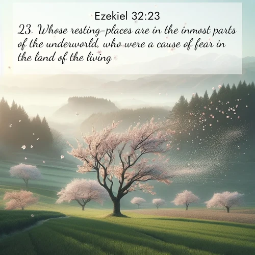 BasicEnglish Ezekiel  ; image nature: image with the bible verse :Whose resting-places are in the inmost parts of the underworld, who were a cause of fear in the land of the living. ; Explore Bible verses paired with beach photos, where waves gently crash on the sand and the sky glows with pastel hues at sunset. These scenes convey deep serenity. Download verses like KJV Ezekiel 32:23. Current verse is overlayed with the thematic nature scene : Spring winds scatter cherry blossoms like snow. ; 32:23