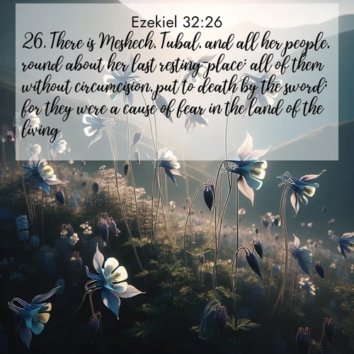 BasicEnglish Ezekiel  ; image nature: image with the bible verse :There is Meshech, Tubal, and all her people, round about her last resting-place: all of them without circumcision, put to death by the sword; for they were a cause of fear in the land of the living. ; Admire stunning Bible verse images paired with photos of peaceful landscapes, such as foggy mornings, serene rivers, and blooming gardens. Download these free images and share verses like KJV Ezekiel 32:26. Current verse is overlayed with the thematic nature scene : Wild columbines dance on impossibly thin stems. Mountain breezes carry their perfume. ; 32:26