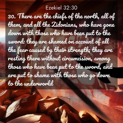 BasicEnglish Ezekiel  ; image nature: image with the bible verse :There are the chiefs of the north, all of them, and all the Zidonians, who have gone down with those who have been put to the sword: they are shamed on account of all the fear caused by their strength; they are resting there without circumcision, among those who have been put to the sword, and are put to shame with those who go down to the underworld. ; Discover beautiful Bible verse images that combine inspiring scripture with captivating nature photos. Download high-quality images featuring lush valleys, peaceful streams, and endless horizons like KJV Ezekiel 32:30. Current verse is overlayed with the thematic nature scene : Ancient petroglyphs weather on red canyon walls. A circling hawk&#039;s shadow passes over the timeless art. ; 32:30