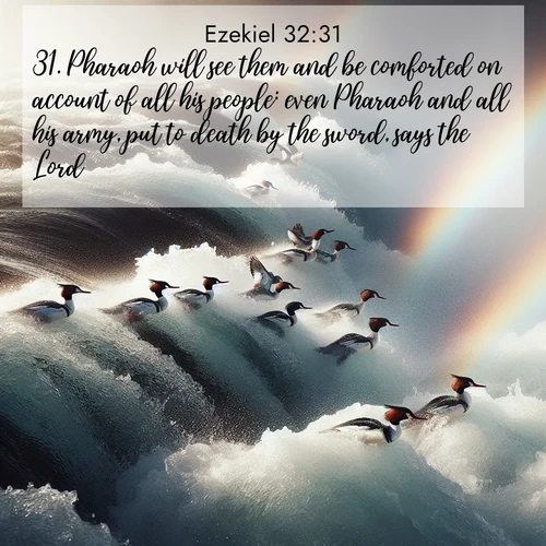 BasicEnglish Ezekiel  ; image nature: image with the bible verse :Pharaoh will see them and be comforted on account of all his people: even Pharaoh and all his army, put to death by the sword, says the Lord. ; Explore our vast collection of images featuring beautifully illustrated Bible verses accompanied by nature photos. Discover inspiring and motivating verses paired with soothing landscapes, like shimmering lakes, majestic mountains, and lush forests. Our images highlight the peaceful beauty of God&#039;s creation with vibrant colors and varied fonts. Download and share verse images like KJV Ezekiel 32:31. Current verse is overlayed with the thematic nature scene : Wild mergansers ride white water rapids. Spray creates endless rainbows. ; 32:31