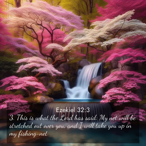 BasicEnglish Ezekiel  ; image nature: image with the bible verse :This is what the Lord has said: My net will be stretched out over you, and I will take you up in my fishing-net. ; Admire our autumnal collection of Bible verse images accompanied by photos of paths lined with red and yellow leaves, fiery forests, and calm rivers. These images inspire reflection and serenity. Share verses like KJV Ezekiel 32:3. Current verse is overlayed with the thematic nature scene : A spring cascade plunges into a pool surrounded by flowering dogwood. ; 32:3