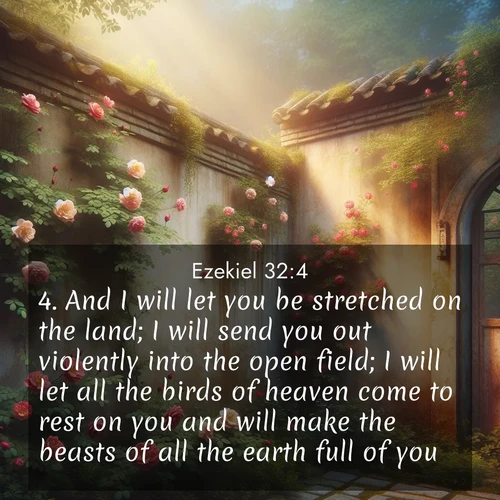 BasicEnglish Ezekiel  ; image nature: image with the bible verse :And I will let you be stretched on the land; I will send you out violently into the open field; I will let all the birds of heaven come to rest on you and will make the beasts of all the earth full of you. ; Browse a gallery of Bible verses paired with summer scenes, such as golden wheat fields, bright skies, and sunny beaches. These images convey the joy and warmth of God&#039;s creation. Download and share verses like KJV Ezekiel 32:4. Current verse is overlayed with the thematic nature scene : Wild roses climb abandoned walls. Time stands still in secret gardens. ; 32:4