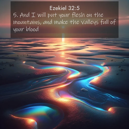BasicEnglish Ezekiel  ; image nature: image with the bible verse :And I will put your flesh on the mountains, and make the valleys full of your blood. ; Admire our gallery of Bible verse images paired with serene nature photography, featuring starlit skies, golden sands, and blooming wildflowers. Download and share verses like KJV Ezekiel 32:5. Current verse is overlayed with the thematic nature scene : Tidal pools reflect sunset colors at low tide. ; 32:5