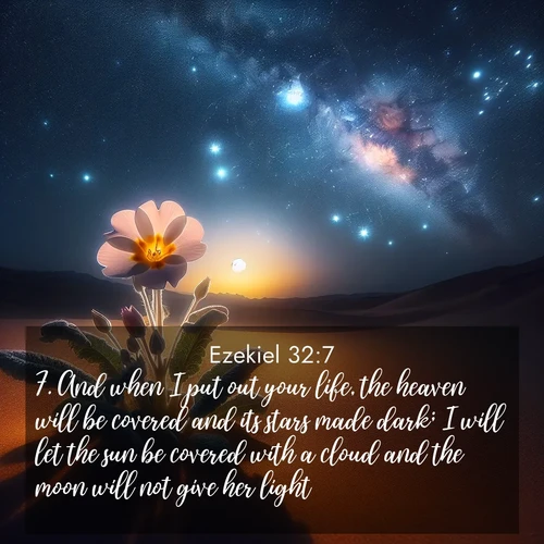 BasicEnglish Ezekiel  ; image nature: image with the bible verse :And when I put out your life, the heaven will be covered and its stars made dark; I will let the sun be covered with a cloud and the moon will not give her light. ; Admire stunning Bible verse images paired with photos of peaceful landscapes, such as foggy mornings, serene rivers, and blooming gardens. Download these free images and share verses like KJV Ezekiel 32:7. Current verse is overlayed with the thematic nature scene : Desert primrose opens to stars. Night wind carries sweet perfume. ; 32:7