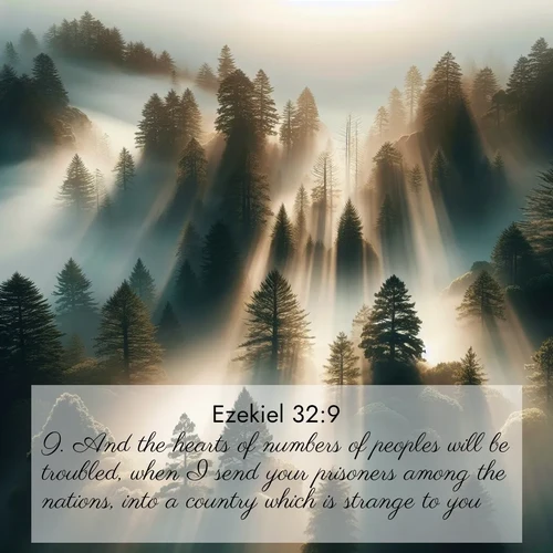 BasicEnglish Ezekiel  ; image nature: image with the bible verse :And the hearts of numbers of peoples will be troubled, when I send your prisoners among the nations, into a country which is strange to you. ; Dive into our collection of Bible verse images beautifully illustrated with beach photos, featuring gentle waves, sunsets over the sea, and sandy shores. These scenes evoke the peace and majesty of God. Download and share inspiring verses like KJV Ezekiel 32:9. Current verse is overlayed with the thematic nature scene : Coastal redwoods disappear into fog. Filtered sunlight creates divine rays. ; 32:9