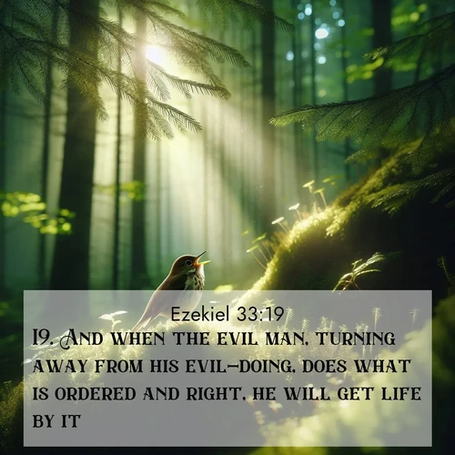 BasicEnglish Ezekiel  ; image nature: image with the bible verse :And when the evil man, turning away from his evil-doing, does what is ordered and right, he will get life by it. ; Discover Bible images capturing the essence of autumn, with wooded paths, golden fields, and swirling leaves. These scenes reflect the changing beauty of God&#039;s creation. Download verses like KJV Ezekiel 33:19. Current verse is overlayed with the thematic nature scene : A hermit thrush sings from deep woods. Sunlight filters through green canopy. ; 33:19